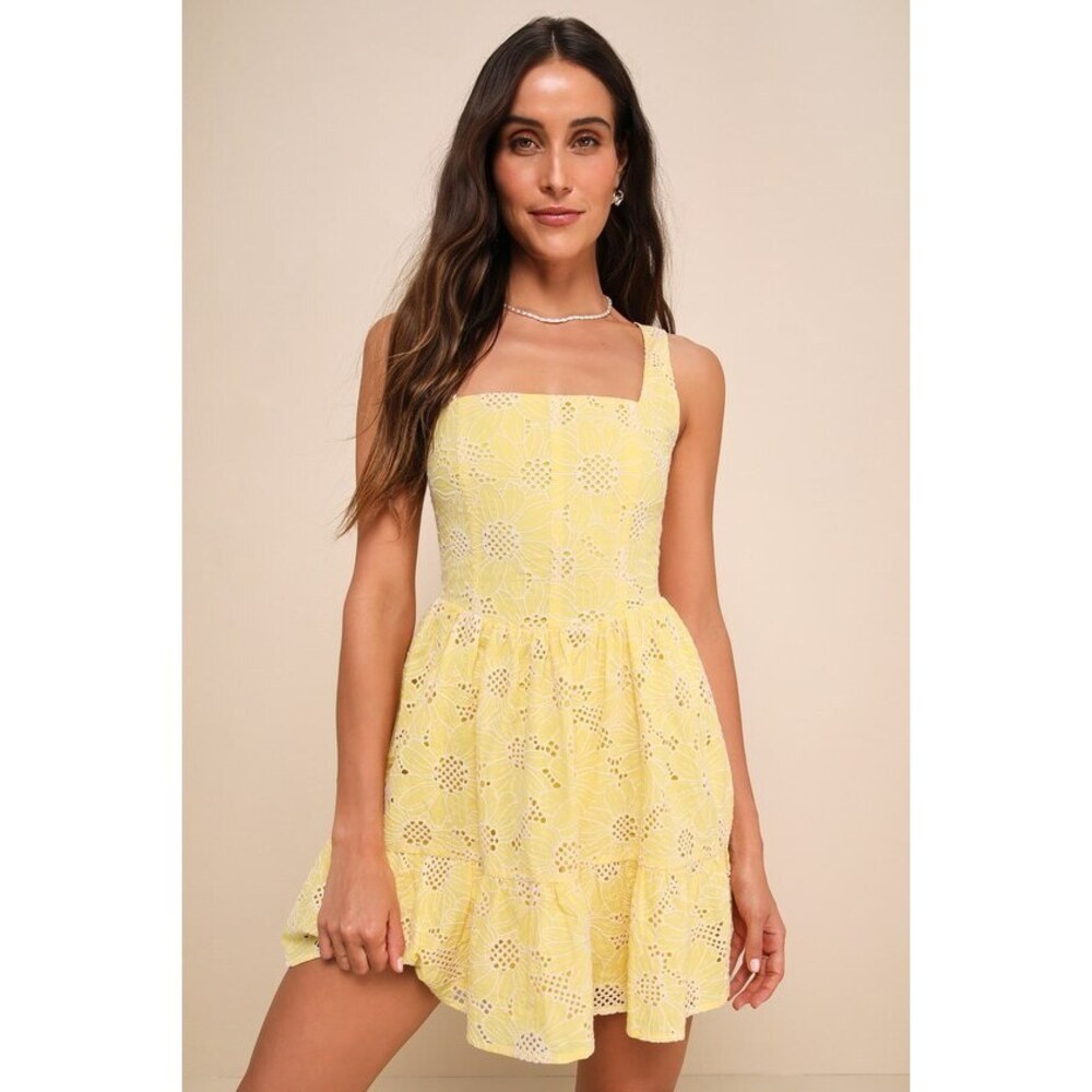 Lulus Bright Personality Yellow Embroidered Floral Skater Mini Dress - Size S